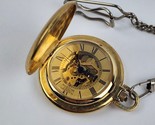 Majestic Gold Tone Skeleton Hunter Case 17 Jewels Pocket Watch w/Chain - $89.09