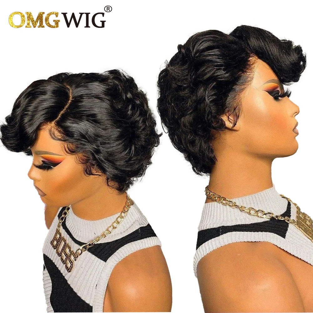 Short Bob Pixie Curly Wig With Bangs Peruvian Remy Human Hair Wigs For Bla - £52.11 GBP+
