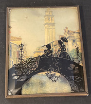 Framed Vintage Convex Glass Reverse Painting Silhouette Picture Ladies on Bridge - £25.88 GBP