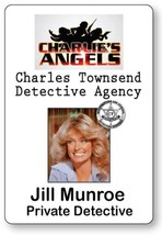 Jill Munroe CHARLIE&#39;S ANGELS magnet Fastener Name Badge Tag Halloween Costume Co - £13.58 GBP