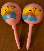Set of 2 Music Shakers Mexican Maracas Hand Painted Pink 7&quot; Wood Palm Tr... - £15.82 GBP