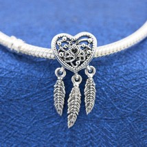 925 Sterling Silver Openwork Heart &amp; Three Feathers Dreamcatcher Charm  - £14.50 GBP