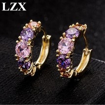 LZX Brand Cute Purple Crystal Hoop Earrings for Women and Girls Gold Color Cubic - £6.58 GBP