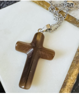 Brown Cats Eye Stone Cross Stainless Steel Necklace Hand Carved - $12.75