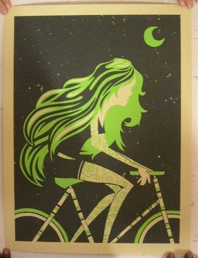Vogli Poster Firmato Serigrafia Verde Bambina Su Bicicletta Con Luna - $35.90