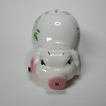 Ceramic Piggy Bank White Crouching Pig Flowers 8 in long 5 in wide 5.5 i... - $24.90