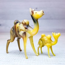 Vintage 2pc Miniature Standing Camel Figurines Slag Glass Tan &amp; Brown Handmade - $33.94