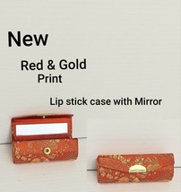 New Red &amp; Gold Print Snap Close Lipstick Case With Mirror - $10.00