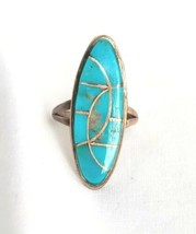 Zuni Blue Turquoise Inlay Hummingbird Symbol Sterling Silver Ring - £101.29 GBP