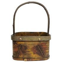 Vintage Wooden Basket Tin Leaf Appliqué Embossed Handle Fall Decor Thank... - $48.50