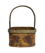 Vintage Wooden Basket Tin Leaf Appliqué Embossed Handle Fall Decor Thank... - £38.26 GBP