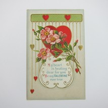 Postcard Valentine Red Hearts &amp; Pink Flowers Green &amp; Gold Embossed Antiq... - £7.87 GBP