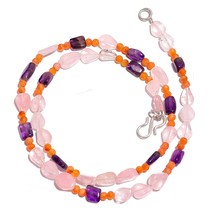 Natural Rose Quartz Carnelian Amethyst Gemstone Smooth Beads Necklace 17&quot; UB3061 - £8.62 GBP