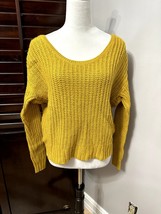 Kaisely Womens Cropped Sweater Mustard Long Sleeve Scoop Neck Waffle Knit S - £14.45 GBP