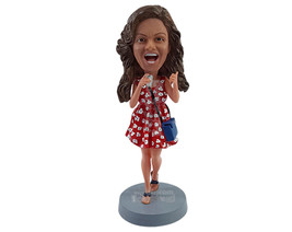Custom Bobblehead Excited young lady wearing beautiful summer dress with a side  - £70.52 GBP