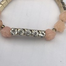Pink Rose Bracelet Gold Tone Jeweled Fashion Costume Jewelry Rhinestone Stretchy - £9.44 GBP