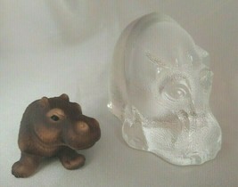 Lot (2) Hippopotamus Figurines - Goebel Clear Pebbled Glass, Harvey Knox Ceramic - $24.40