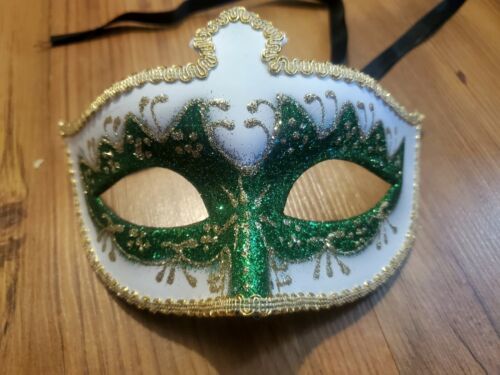 Mardi Gras Mask Green &amp; White Venetian Style Face Mask Masquerade Ball Mask - $7.66