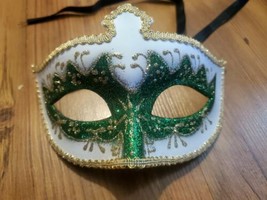 Mardi Gras Mask Green &amp; White Venetian Style Face Mask Masquerade Ball Mask - $7.66