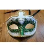 Mardi Gras Mask Green &amp; White Venetian Style Face Mask Masquerade Ball Mask - $7.66
