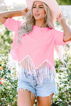 Pink Fringed Sequin Crop T-shirt - $21.99