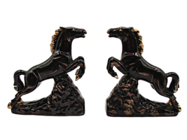  Vintage Set Pottery Hand Painted Horse Stallion Bookends Black Gold Detail 7x9&quot; - £31.64 GBP