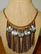 Vtg gold tone &amp; gunmetal chain bib choker necklace w/ lrg glass teardrop... - $25.00