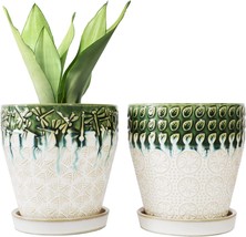 Yffsrjdj 6 Inch Ceramic Planter Pots With Drainage Holes, Saucers, Green+White - £34.36 GBP