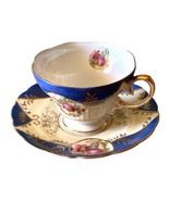 Teacup and Saucer Courting Couple on Blue Footed Cup Vintage - £18.39 GBP