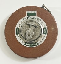 Vintage 50&#39; Evans Steel Tape Measure Brown Leatherbound Case, White Tape... - $10.88