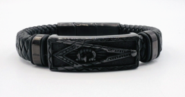Men&#39;s Black Stainless Steel Masonic Freemason Woven Leather Bracelet - £11.07 GBP