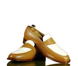 Handmade Men&#39;s Tan White Leather Penny Loafer Shoes, Men Dress Fashion Shoes - £114.66 GBP