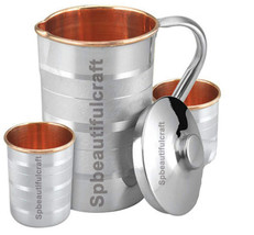 Beautiful Copper Steel Water Pitcher Jug 2 Drinking Tumbler Mug Health B... - $45.55