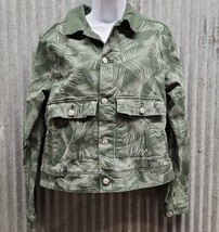 Women&#39;s LuLaRoe Kenny Tropical Palm Leaf Print Green Stretch Denim Jacket - Sz L - £13.65 GBP