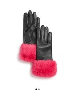 Size 7 Aqua women&#39;s Leather with Rabbit Fur Cuff Tech Gloves Black  / Pink - $54.80 CAD