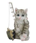 Lifelike Grey Tabby Cat Sitting by Pail of Fishes And Pole Fishing Figurine - €18,14 EUR