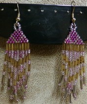 Native American Gold Pink Bugle Bead Dangle Chandelier Earrings 2.5&quot; Sem... - £15.72 GBP