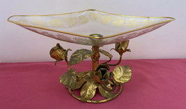 Vintage Hollywood Regency Gold Gilt Glass Pedestal Soap Dish Tole Roses compote - £73.95 GBP