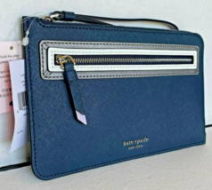 New Kate Spade Medium L-zip Reiley Shadow Anchor Wristlet Leather Petrol... - $33.39