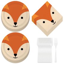 HOME &amp; HOOPLA Fox Party Supplies Paper Dessert Plates, Lunch Napkins, and Forks  - £14.33 GBP