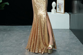 Gold Sequin Maxi Dress Gowns Women Custom Size Side Split Sequin Party Dress image 7