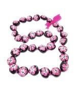 Hawaiian Kukui nut necklace pink hibiscus flowers hand painted - £9.55 GBP