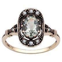10k Yellow Gold Vintage Style Genuine Oval Green Amethyst and Cultured-Pearl Rin - £174.00 GBP