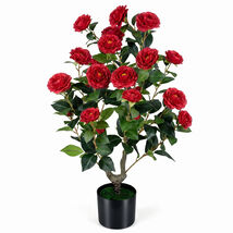 Artificial Camellia Tree Faux Flower Plant in Cement-Filled Pot=Red - $57.19