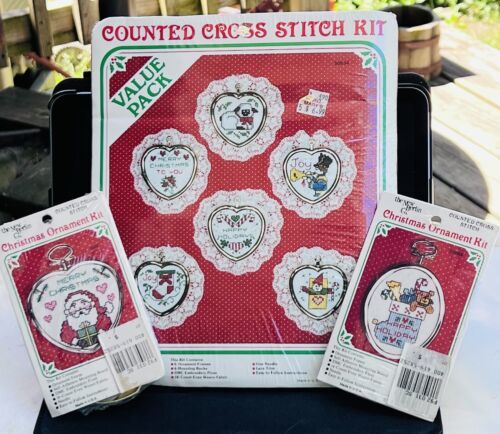 Christmas Counted Cross Stitch Ornaments - 3 Kit Lot - New Berlin Santa, Lace - £20.81 GBP
