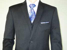Men Suit ADOLFO 3Pc 100% Soft Wool Vested Business Formal 2 Button 1608 Charcoal - £159.86 GBP