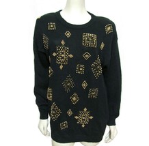 NWT Vtg Black Knit Sweater M Trimmings Beaded Geometric Gold  NOS 8 10 Ugly Xmas - £20.97 GBP