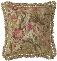 Aubusson Throw Pillow 22x22, Pink Flowers Green Leaves Handwoven Wool - £343.22 GBP