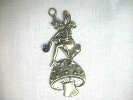 Double Pewter Pixie Fairy On A Mushroom &amp; Purple Gem Pendant Adj Cord Necklace - £6.65 GBP