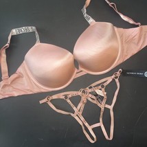 Victoria&#39;s Secret 34DDD Bra Set Strappy Panty Pink Shine Strap Swarovski Crystal - £63.15 GBP